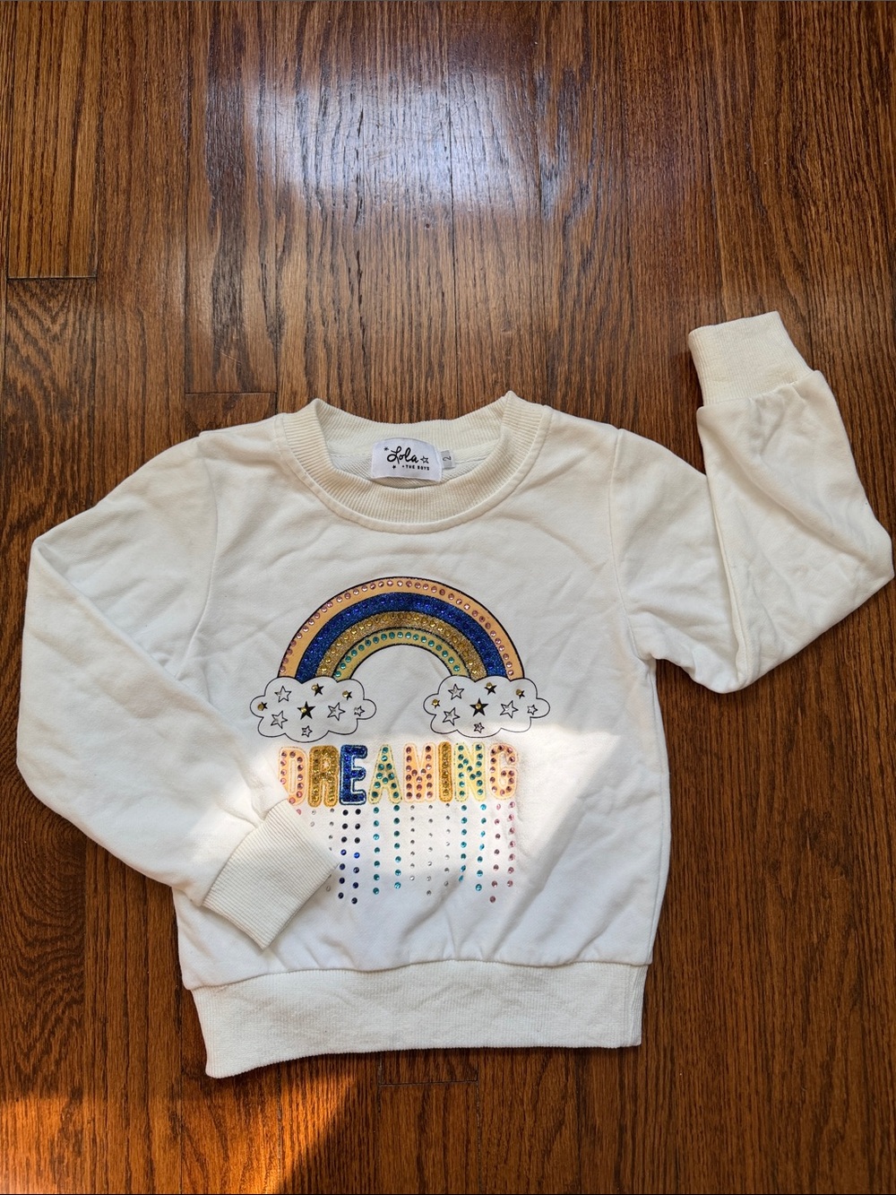 Lola + The Boys Dreaming Rhinestone Rainbow Sweatshirt Ivory Size 2